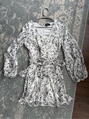 Lulu's White Black Floral Wrap Mini Dress with Balloon Sleeves